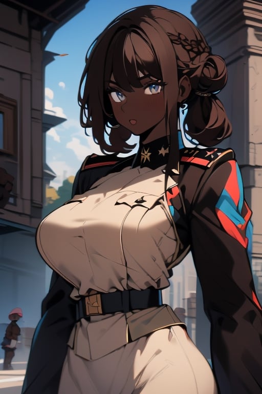 masterpiece, 8k, (absurdres, highres, ultra detailed), (1lady:1.3), EpicArt, military uniform, brown skin, black hair, blue eyes, curly hair, hair bun, war, gun, dark skin, brown skin, pants,girl