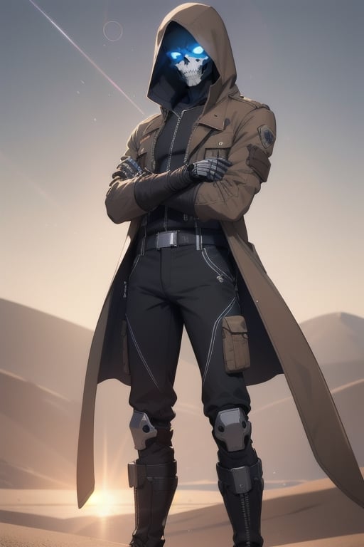 Metal skeleton, glowing blue eyes, brown hooded jacket, brown jacket , zipped up jacket, hood up, desert,realistic, work trousers, , black gloves, arms folded , sunrise, lens flare, boots, arms crossed, aloof