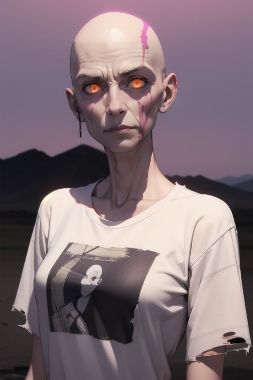 Old woman, bald, desert, torn t shirt,, glowing veins, purple glow, white eyes, 