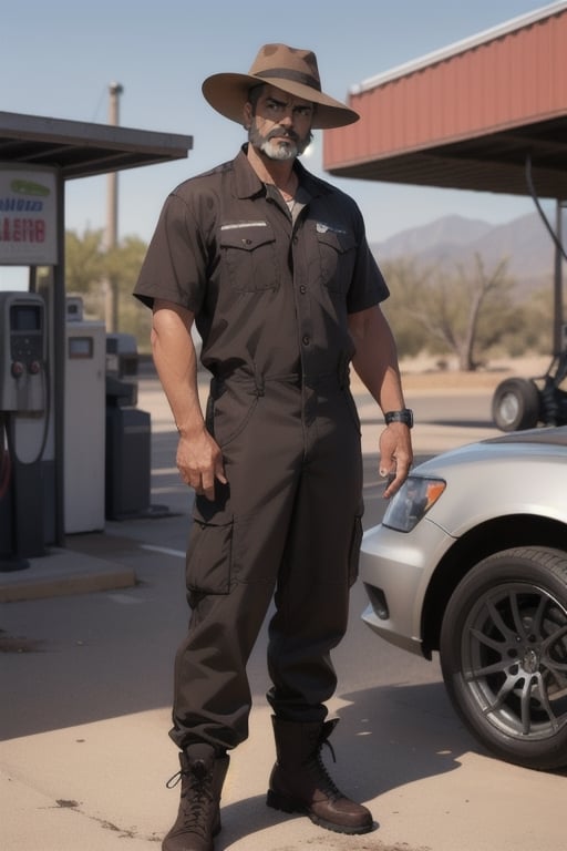 Dark brown skin ,, jumpsuit, short hair,  Desert,, wrinkles, dirty, Hispanic mature, elderly old man, facial scar, ranger hat, beard, , pistol, standing , boots ,, grumpy, grey hair, latino, dirty , gas station clothes, mechanic jumpsuit, ,dark skin