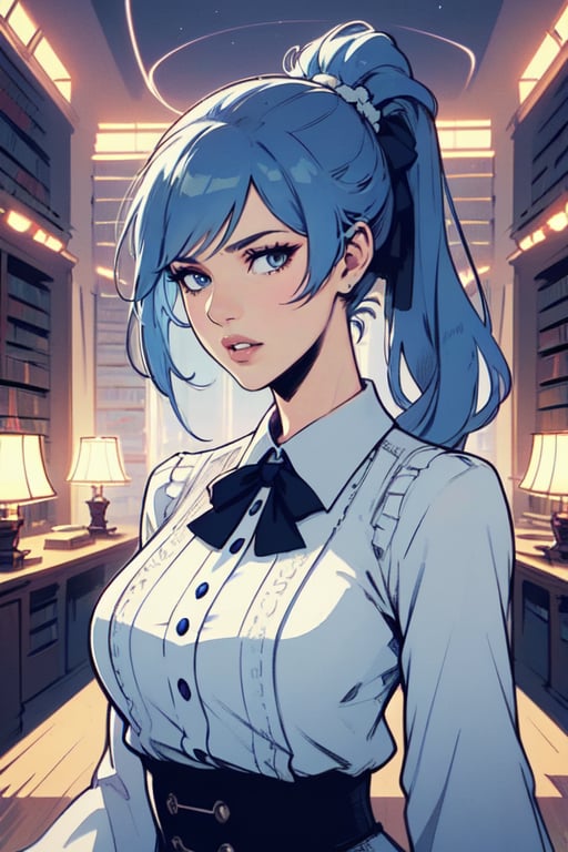 Mature female, anime style, high detail, volumetric lighting, illustration, , absurdres, masterpiece,Anime style, 

Light blue hair, blue eyes, hair up, short ponytail, full lips, white button blouse, castle library, midnight, dark, interior, nighttime, upper body, small breasts, looking at viewer,