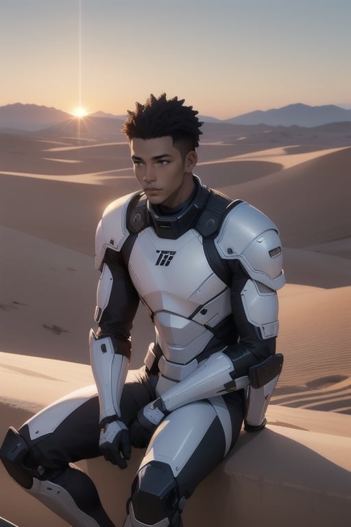 Desert, sunrise, black teenager, short hair, white sci-fi armour, sitting, concerned 