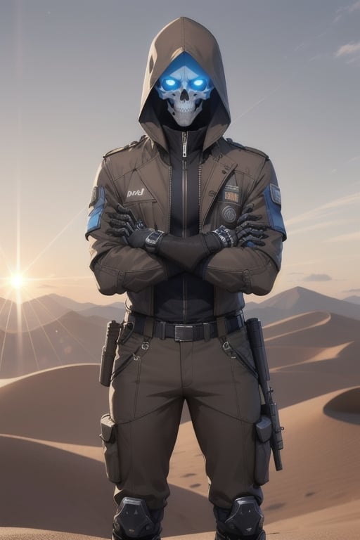 Metal skeleton, glowing blue eyes, brown hooded jacket, brown jacket , zipped up jacket, hood up, desert,realistic, work trousers, , black gloves, arms folded , sunrise, lens flare, boots, arms crossed