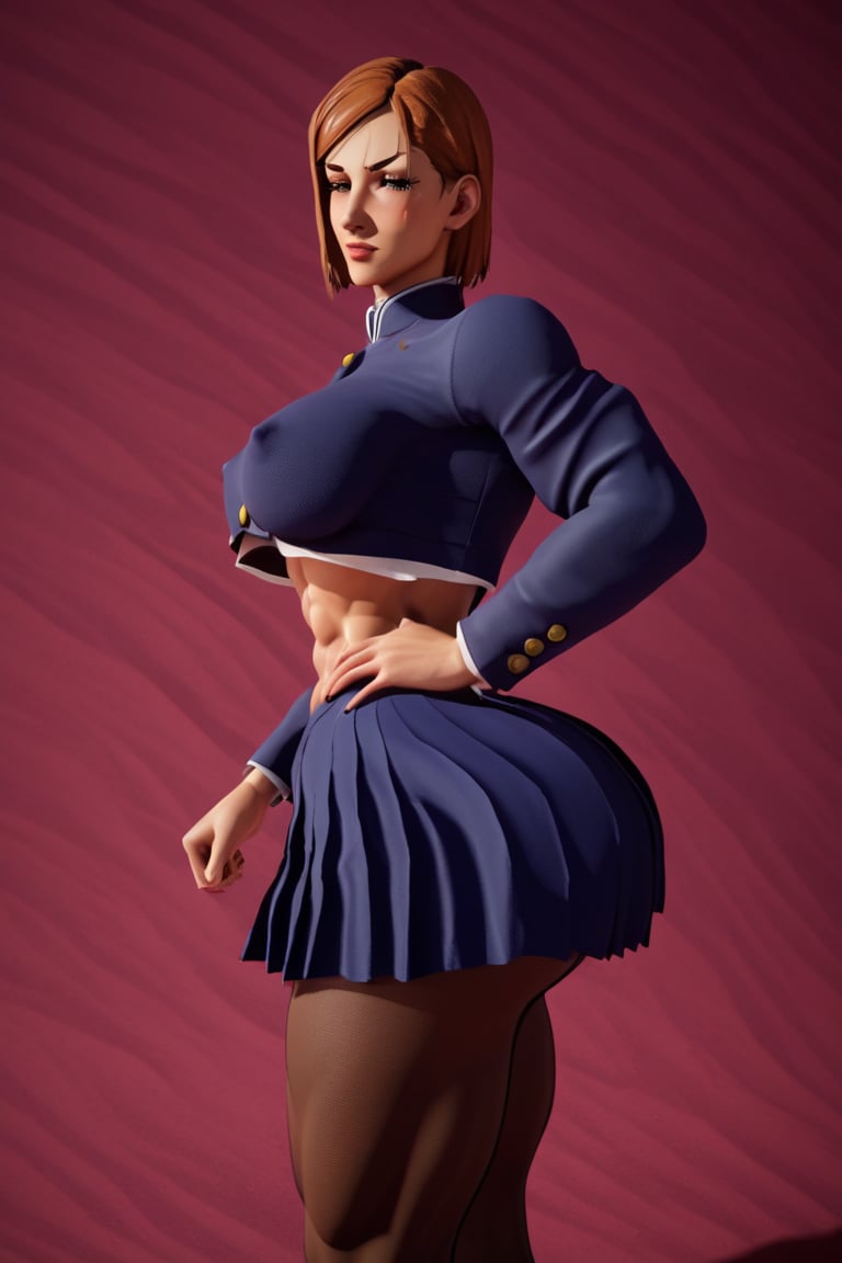 score_9, score_8_up, score_7_up, source_3d, 3d style, unreal engine 5, 1girl, ((nobara kugisaki from jujutsu kaisen), school uniform, blue jacket, skirt, long_sleeve, nipple bulge, pantyhose,large_breasts,toned_muscles, curvy body, ,motion_line,action_lines,cowboy_shot, looking_at_viewer ,toned_muscles, curvy body,voluptuous,defined_abs,huge ass, masterpiece, 4k, best quality