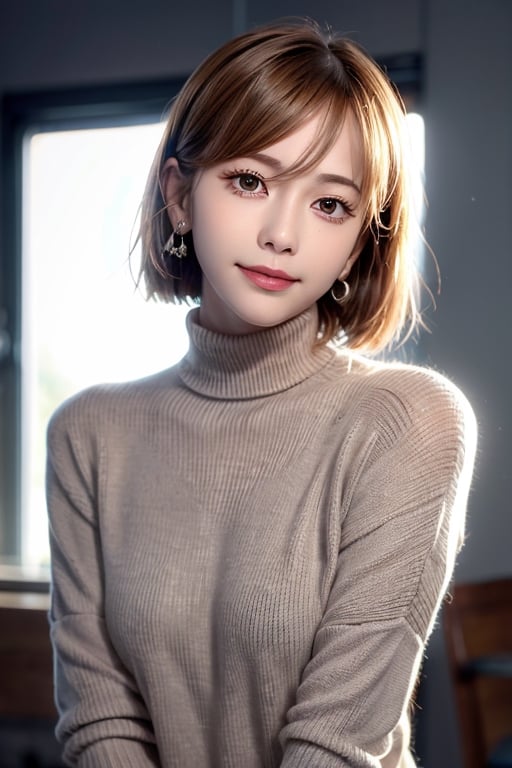 1 girl, Wearing a white turtleneck sweater ,very bright backlighting, solo, {beautiful and detailed eyes},  dazzling moonlight, calm expression, natural and soft light, hair blown by the breeze, delicate facial features, Blunt bangs, beautiful korean girl, eye smile, very small earrings,23yo, film grain, realhands,shy smile