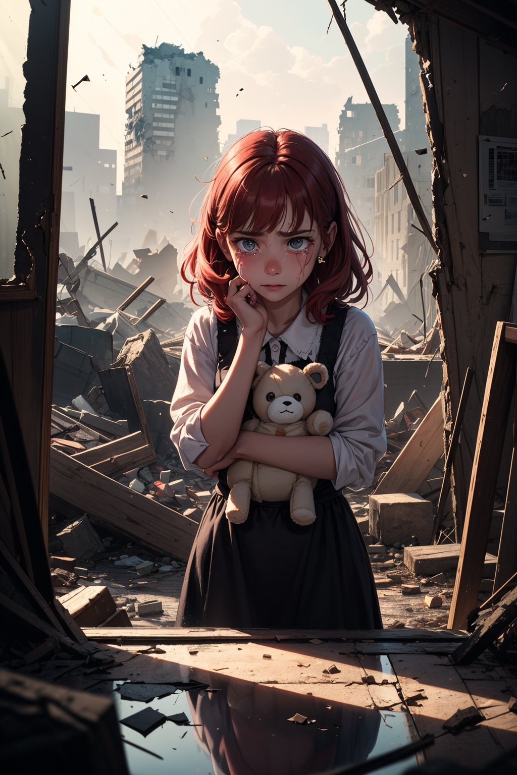 A poignant masterpiece! In this ultra-detailed, 8K UHD scene, a sorrowful city lies in ruins, with crumbling buildings and debris scattered everywhere. A child, red-haired girl, dressed in white, stands amidst the devastation, her natural locks framing her tear-stained face as she clutches a pink plush toy tightly. Soft, dappled light casts a warm glow on her features, while harsh reflections from broken glass and metal shards create eerie shadows. The camera's POV is childlike, capturing the girl's anguished expression as tears fall gently down her cheeks, illuminated by the subtle, ray-traced lighting effects.