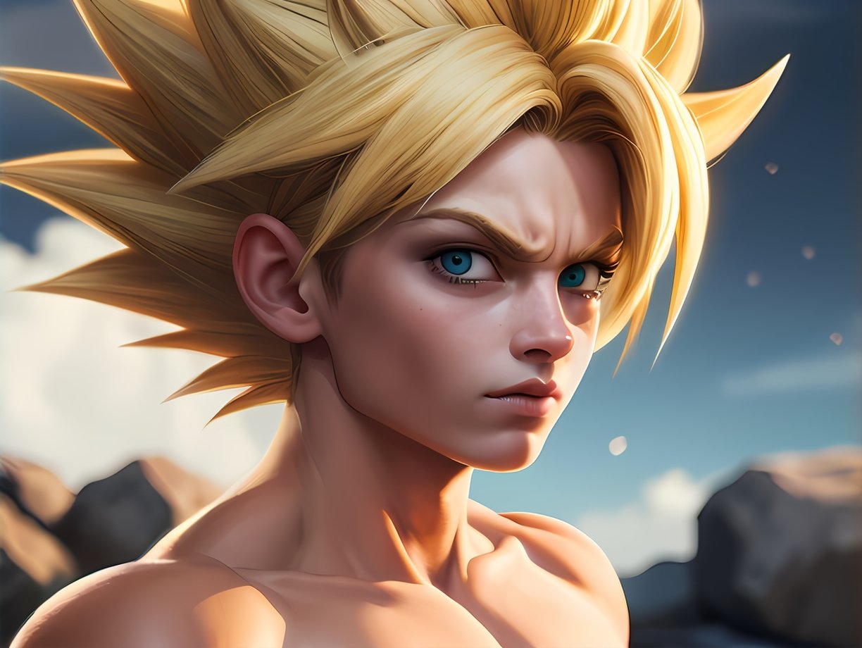 Son Goku Sayan Namek saga ,leaning against rock, medium shot side view,looking directly at viewer:1)(masterpiece, best quality), intricate details, 8k, artstation, stroke lines, wallpaper, official art, splash art, storm in background, sharp focus, 1boy, (photorealistic:1.2) (bokeh) (best quality) (detailed skin:1.3) (intricate details) (8k) (detailed eyes) (sharp focus)  battle damage, blonde hair, blue sash, , green eyes, (nude covered in cum:1), male focus, muscular, muscular female, pectorals, sash, solo, super saiyan, super saiyan 1, teeth, topless male, torn clothes, (((round pupils))),  perfect anatomy, perfect face, perfect eyes,(very detailed eyes:1) (very detailed face:1) (very detailed iris and pupils :1.2)