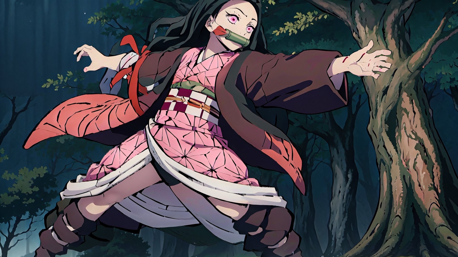 masterpiece, best quality, 1girl, nezuko, multicolored hair, pink kimono, bit gag, checkered sash, looking at viewer, in forest, perfect light, perfect hands, combat pose,perfect