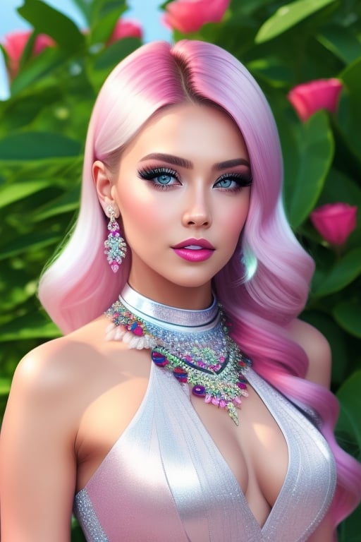 Beautiful woman, with long, straight platinum roots with pink tips hair, detailed blue eyes, full body, very real, hot curvy body, big buttocks and huge symmetrical breast, big hip, full body, perfect blue symmetrical eyes, 4k, good-looking young female, tight slit mini skirt clothes, pretty woman in her 20s, long pink roots with platinum tips hair, beautiful detailed blue color in both eyes, round earrings, pretty diamond necklace, slim curvy figured woman, flowery vibrant background, plants in background, portrait of a white women, realistic, ultra high details, symmetrical perfect face with perfect symmetrical red closed lips and beautiful eye catching eye lining, pretty and beautiful face, fancy tight sexy side slit dress, perfectly made hands and fingers, ultra high definition resolution, ultra 4K detailed eyes, pink roots and white ends hair, thin beautiful fingers with long beautiful nails, full body portrait, enjoying, lots of people at background, ultra sharp, perfect composition, beautiful detailed intricate insanely detailed octane render trending on, 8 k artistic photography, photorealistic concept art, soft natural