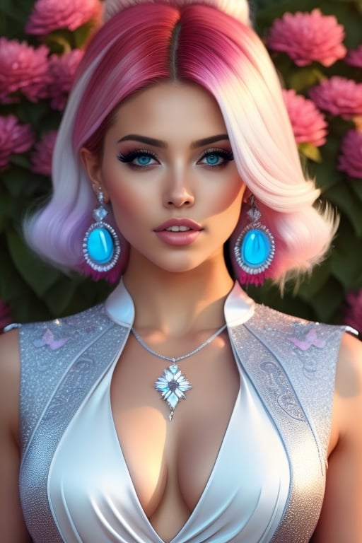 Beautiful woman, with long, straight platinum roots with pink tips hair, detailed blue eyes, full body, very real, hot curvy body, big buttocks and huge symmetrical breast, big hip, full body, perfect blue symmetrical eyes, 4k, good-looking young female, tight slit mini skirt clothes, pretty woman in her 20s, long pink roots with platinum tips hair, beautiful detailed blue color in both eyes, round earrings, pretty diamond necklace, slim curvy figured woman, flowery vibrant background, plants in background, portrait of a white women, realistic, ultra high details, symmetrical perfect face with perfect symmetrical red closed lips and beautiful eye catching eye lining, pretty and beautiful face, fancy tight sexy side slit dress, perfectly made hands and fingers, ultra high definition resolution, ultra 4K detailed eyes, pink roots and white ends hair, thin beautiful fingers with long beautiful nails, full body portrait, enjoying, lots of people at background, ultra sharp, perfect composition, beautiful detailed intricate insanely detailed octane render trending on, 8 k artistic photography, photorealistic concept art, soft natural