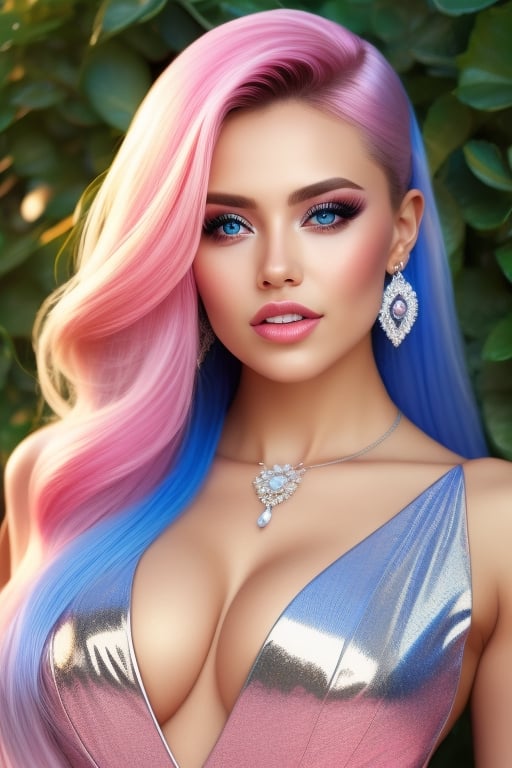 Beautiful woman, with long, straight platinum roots with pink tips hair, detailed blue eyes, full body, very real, hot curvy body, big buttocks and huge symmetrical breast, big hip, full body, perfect blue symmetrical eyes, 4k, good-looking young female, tight slit mini skirt clothes, pretty woman in her 20s, long pink roots with platinum tips hair, beautiful detailed blue color in both eyes, round earrings, pretty diamond necklace, slim curvy figured woman, flowery vibrant background, plants in background, portrait of a white women, realistic, ultra high details, symmetrical perfect face with perfect symmetrical red closed lips and beautiful eye catching eye lining, pretty and beautiful face, fancy tight sexy side slit dress, perfectly made hands and fingers, ultra high definition resolution, ultra 4K detailed eyes, pink roots and white ends hair, thin beautiful fingers with long beautiful nails, full body portrait, enjoying, lots of people at background, ultra sharp, perfect composition, beautiful detailed intricate insanely detailed octane render trending on, 8 k artistic photography, photorealistic concept art, soft natural