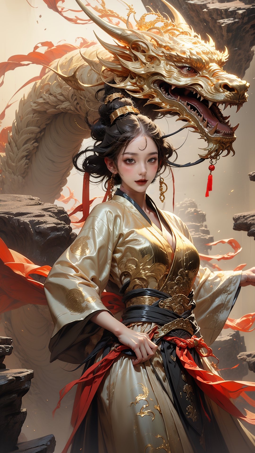 masterpiece, top quality, best quality, official art, beautiful and aesthetic:1.2), (1girl:1.3), , girl, black hair, hanfu fashion, chinese dragon,  white dragon, (golden theme:1.5), volumetric lighting, ultra-high quality, photorealistic, misty rock moutain background,weapon,breasts