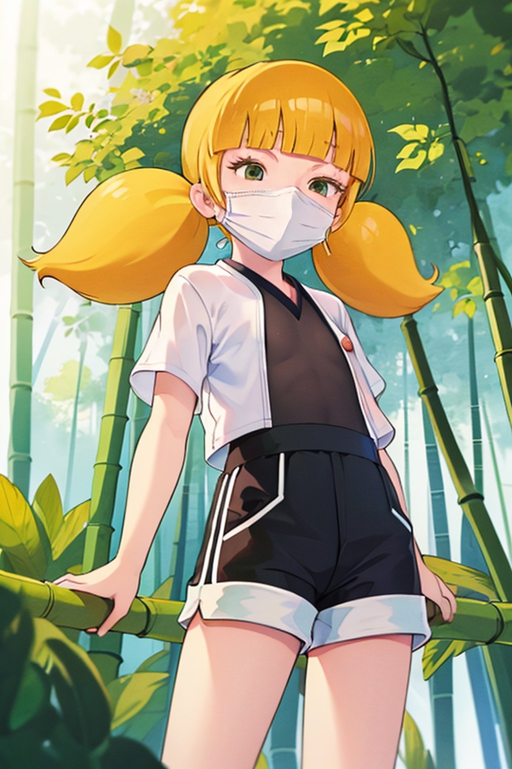 masterpiece, best quality, 1girl, penny, blonde hair, twintails, blunt bangs, flat chest, from below, lora:Penny:1, ninja, ninja_clothes, black skirt, white shorts, shorts under skirt, mask, kunoichi, bamboo forrest