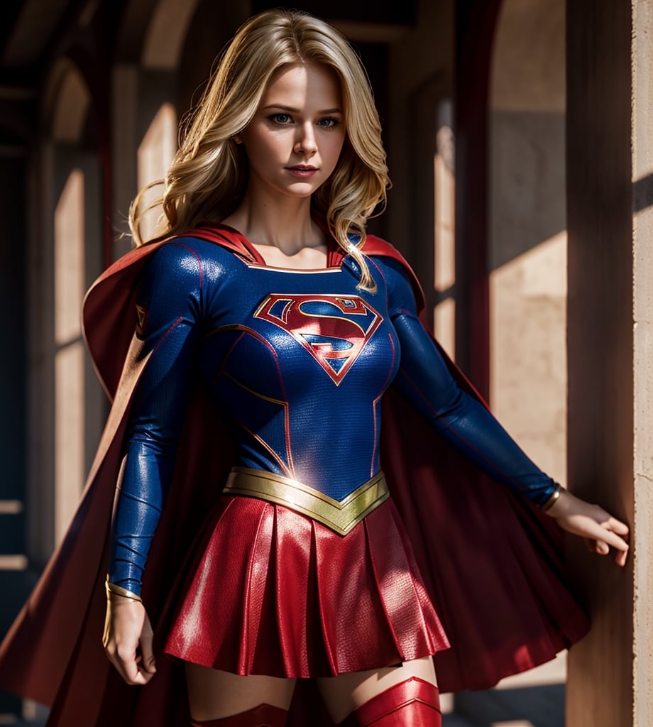 supergirl, hair blonde, skirt red, cape red, (Realistic),masterpiece,best quality,cinematic lighting,natural shadow,looking at viewer,Raw photo,8k,uhd,dslr,soft,lighting,high quality,film
