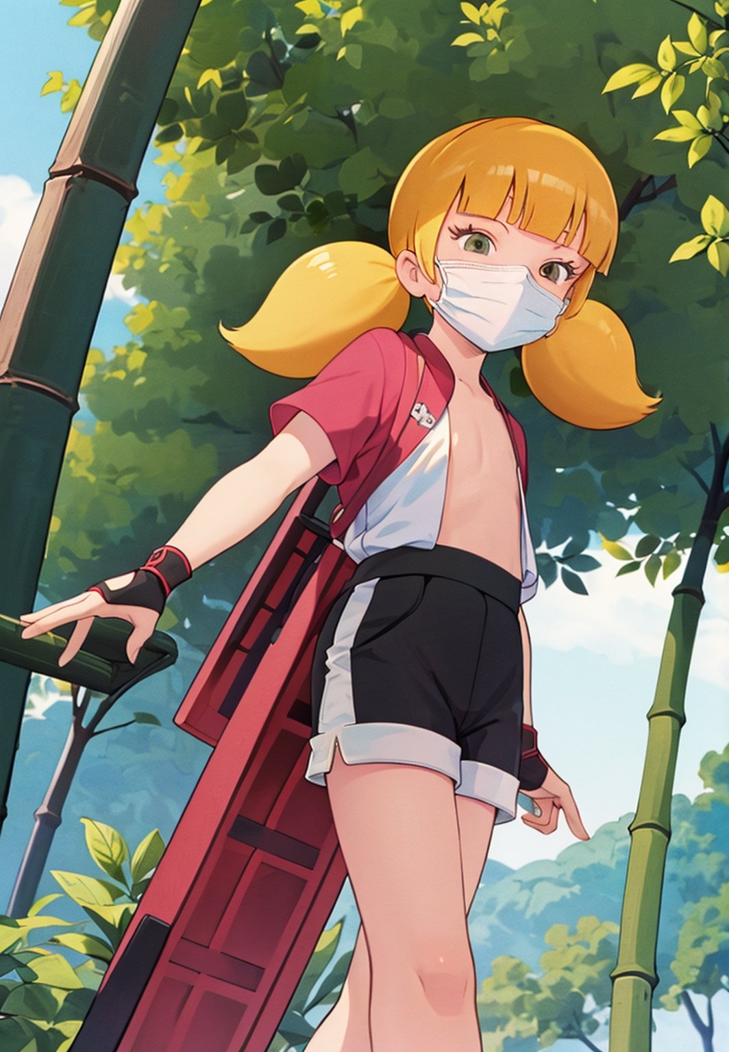 masterpiece, best quality, 1girl, penny, blonde hair, twintails, blunt bangs, flat chest, from below, lora:Penny:1, ninja, ninja_clothes, black skirt, white shorts, shorts under skirt, mask, kunoichi, bamboo forrest