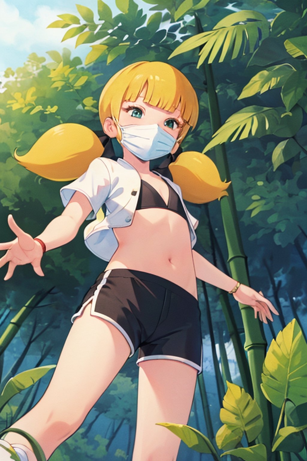 masterpiece, best quality, 1girl, penny, blonde hair, twintails, blunt bangs, flat chest, from below, lora:Penny:1, ninja, ninja_clothes, black skirt, white shorts, shorts under skirt, mask, kunoichi, bamboo forrest