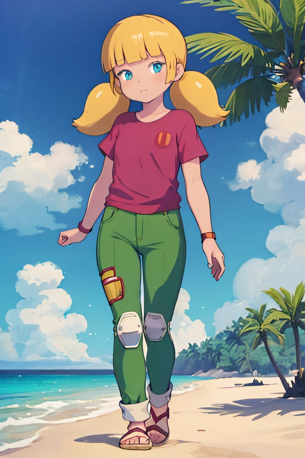 masterpiece, best quality, 1girl, penny, blonde hair, twintails, blunt bangs, blue eyes, red shirt, (white reinforced knee green pants),  looking at viewer, standing, full body, sea, sand, tropical island background, lora:Penny:1