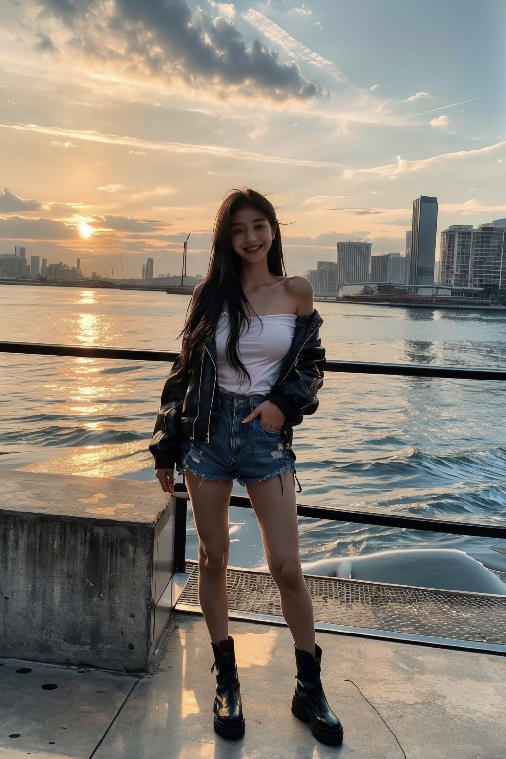 (masterpiece, top quality, best quality,1girls,Korean, beautiful face, smile, long hair, 19 years old, tank top, jacket, shorts, boots, hills, full body view, sunset,zyozyo, one_side_off-shoulder, sexy, naked_shirt