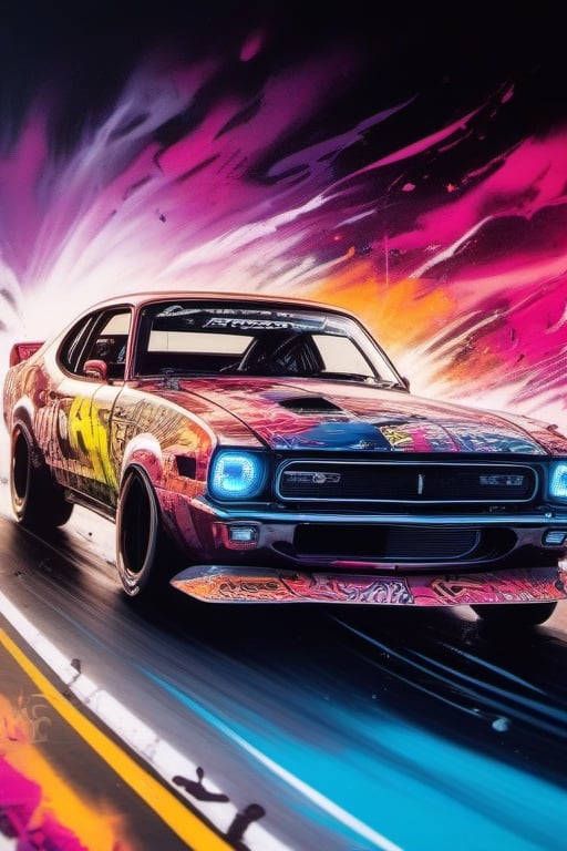 Graffiti Art Style, of a car drifting on a race track at dusk, natural light, dynamic action style, detailed,  white background,  dynamic,  dramatic,  vibrant colors,  graffiti art style

