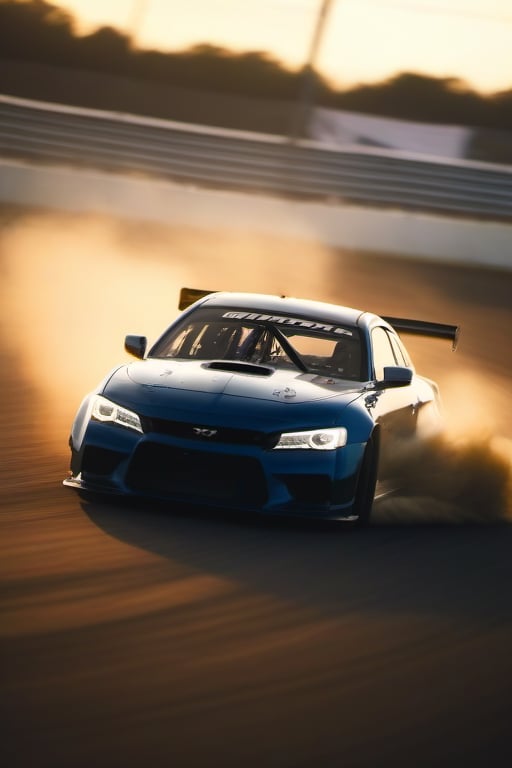 A silluete photo of a car drifting on a race track at dusk, taken with a high-speed action camera, equipped with a wide-angle lens, using natural light, and captured in a dynamic action photography style.