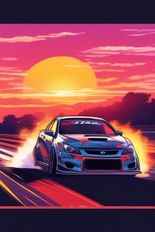 Vector Art Sticker, of a car drifting on a race track at dusk, dynamic action style, detailed,  white background,  dynamic,  dramatic,  vibrant colors,  vector art style

