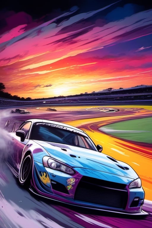 Graffiti Art Style, of a car drifting on a race track at dusk, natural light, dynamic action style, detailed,  white background,  dynamic,  dramatic,  vibrant colors,  graffiti art style

