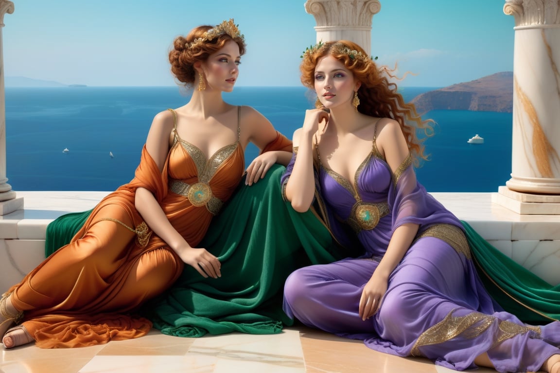 two gorgeous women, exquisite symmetric faces, serene expressions, make up, big light  ultra detailed eyes, one woman with blond curly, wind blown, thick hair, the other woman with straight thick wind blown light red hair, soft shiny skin, opulent, exquisite elaborate dresses draped in rich gold, purple, green gossimer thin see-through fabric, elaborate jewelry, gladiator strappy sandals, both women, best friends, lying on a fur rug recumbant, on an exquisite marble tile floor, smiling at each other, talking to each other, exquisite marble floor and architecture, vases, platters of fresh ripe fruits, bowls of olives, chalaces of red wine, background overlooking ocean from a greek palatial home, vivid blue ocean, islands in the distance, vivid clear blue sky,majestic,opulent,filigree jewelleries,john william godward, neo-classical pre-raphaelite, Sir Lawrence Alma Tadema style, rich colors,ultra detailed,magic,epic,fantasy,barok,(full body sideview:1.3), 