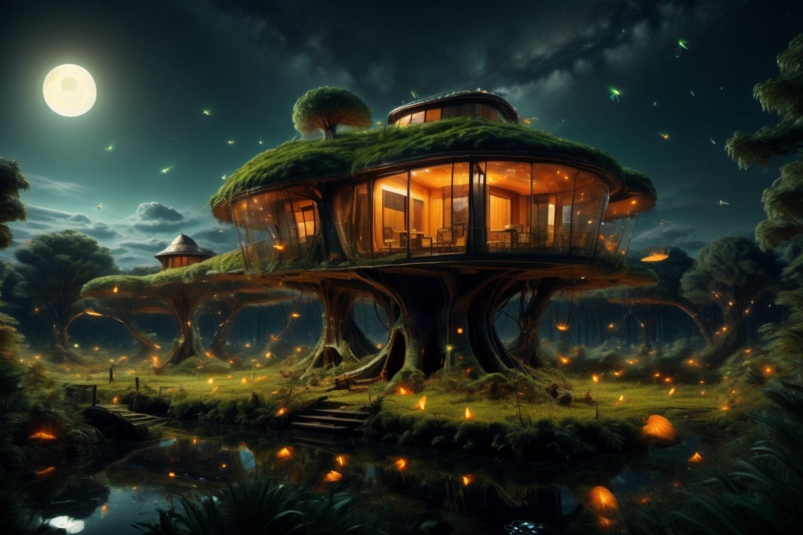 night sky, firefliesfireflies, DonMG414, Ultra realistic, hyper realistic, photo realistic, Massive fantastical tree house, night time, isometric, 