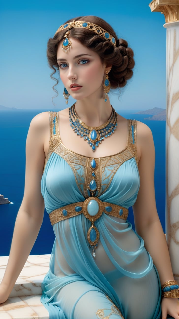 A gorgeous woman, exquisite symmetric face,make up, big ice blue ultra detailed eyes,soft shiny skin, opulent, exquisite elaborate dress, studio photo,majestic,opulent,filigree jewelleries,john william godward, classical pre-raphaelite style, rich colors,untra-detailed,magic,epic,fantasy,barok,(full body sideview:1.3), background of the ocean from a greek palatial home, vivid blue ocean, islands in the distance, blue sky,