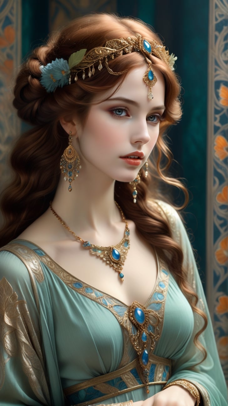 A gorgeous woman, exquisite symmetric face,make up,foxy eyes,soft shiny skin,studio photo,majestic,opulent,filigree jewelleries, john william waterhouse pre-raphaelite style colors,untra-detailed,magic,epic,fantasy,barok,(full body sideview:1.3), william morris wallpaper, full body shot