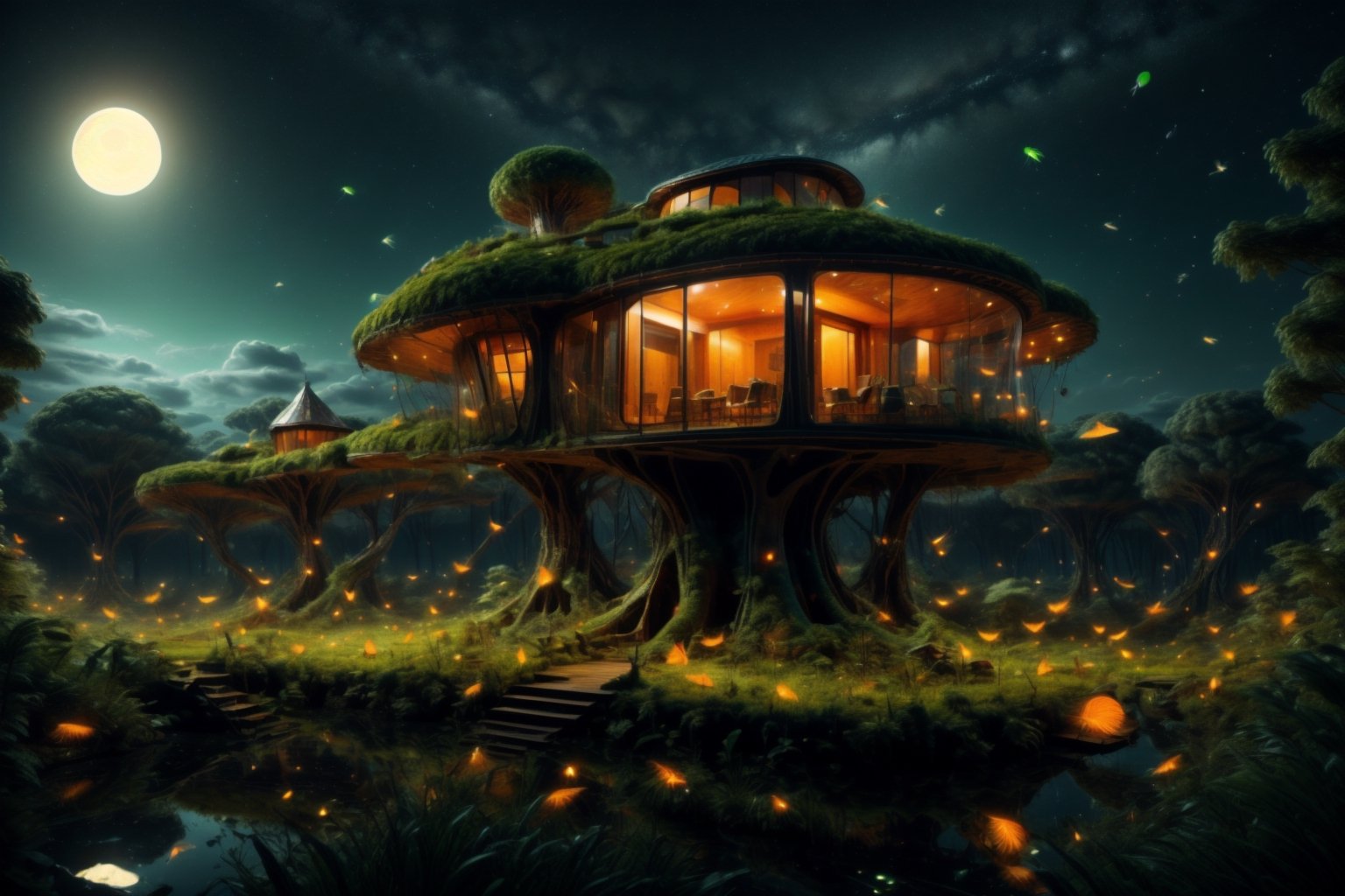 night sky, firefliesfireflies, DonMG414, Ultra realistic, hyper realistic, photo realistic, Massive fantastical tree house, night time, isometric, 