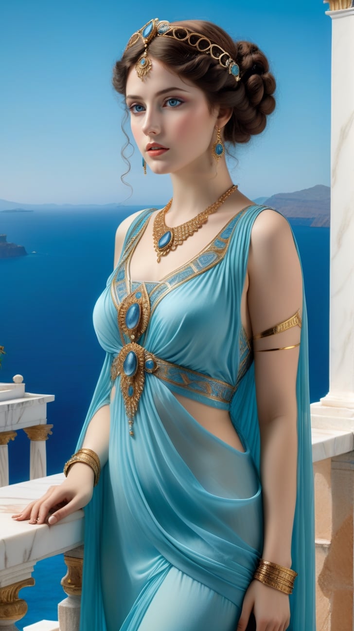 A gorgeous woman, exquisite symmetric face,make up, big ice blue ultra detailed eyes,soft shiny skin, opulent, exquisite elaborate dress, studio photo,majestic,opulent,filigree jewelleries,john william godward, classical pre-raphaelite style, rich colors,untra-detailed,magic,epic,fantasy,barok,(full body sideview:1.3), background of the ocean from a greek palatial home, vivid blue ocean, islands in the distance, blue sky,