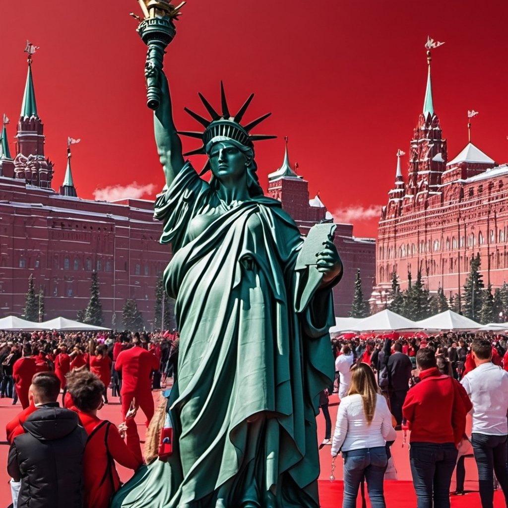 (+18) , NSFW , 
Statue of Liberty in the middle of The Red square in Moscow ,
People are gathered around the statue in 
Moscow  taking photos,