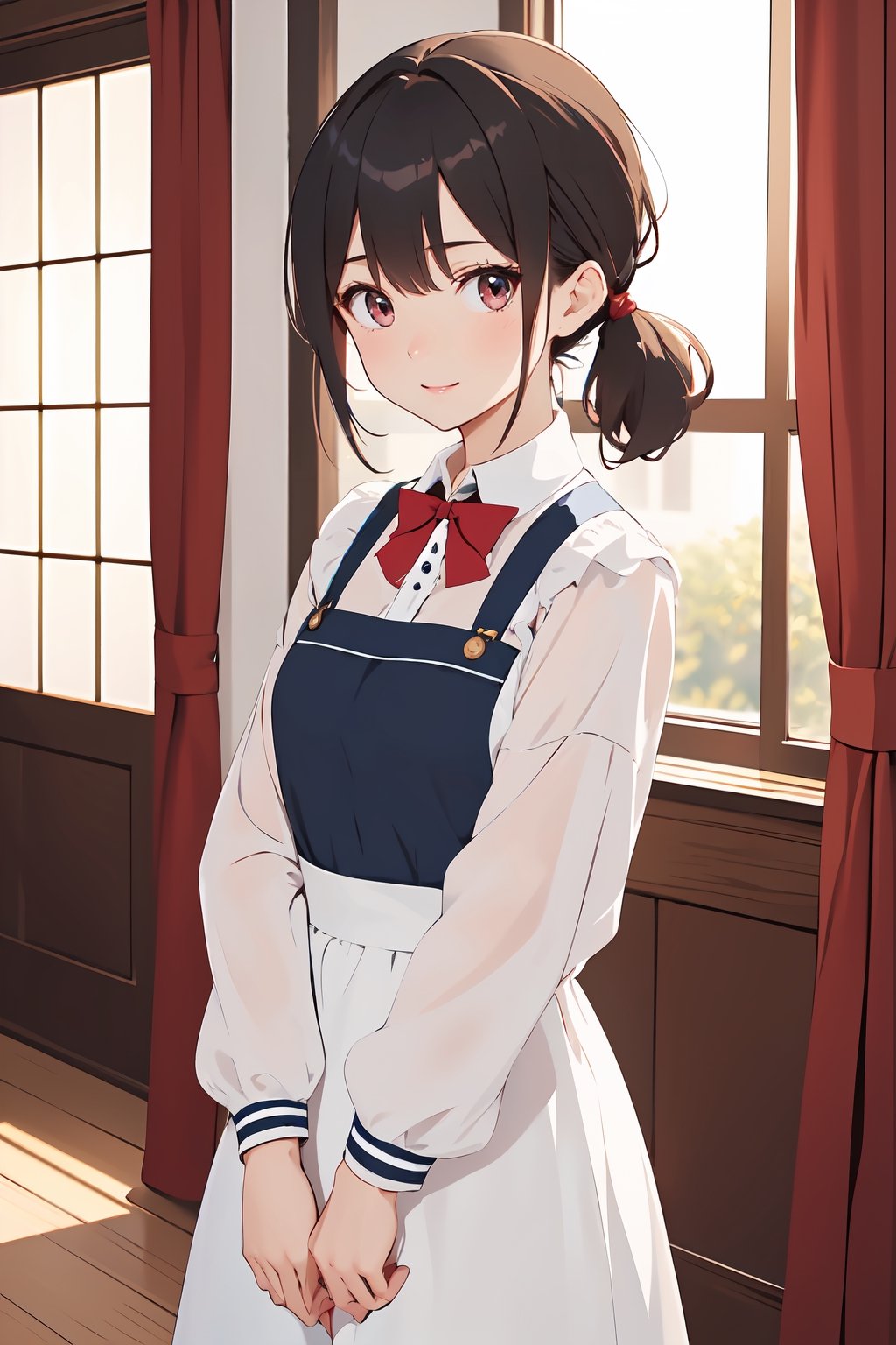 1girl, solo, looking at viewer, blush, medium hair, low ponytail, light black hair color, bangs, red eyes, long sleeves, closed mouth, maid clothes, standing,  collarbone, cowboy shot, indoors, bowtie, head tilt,