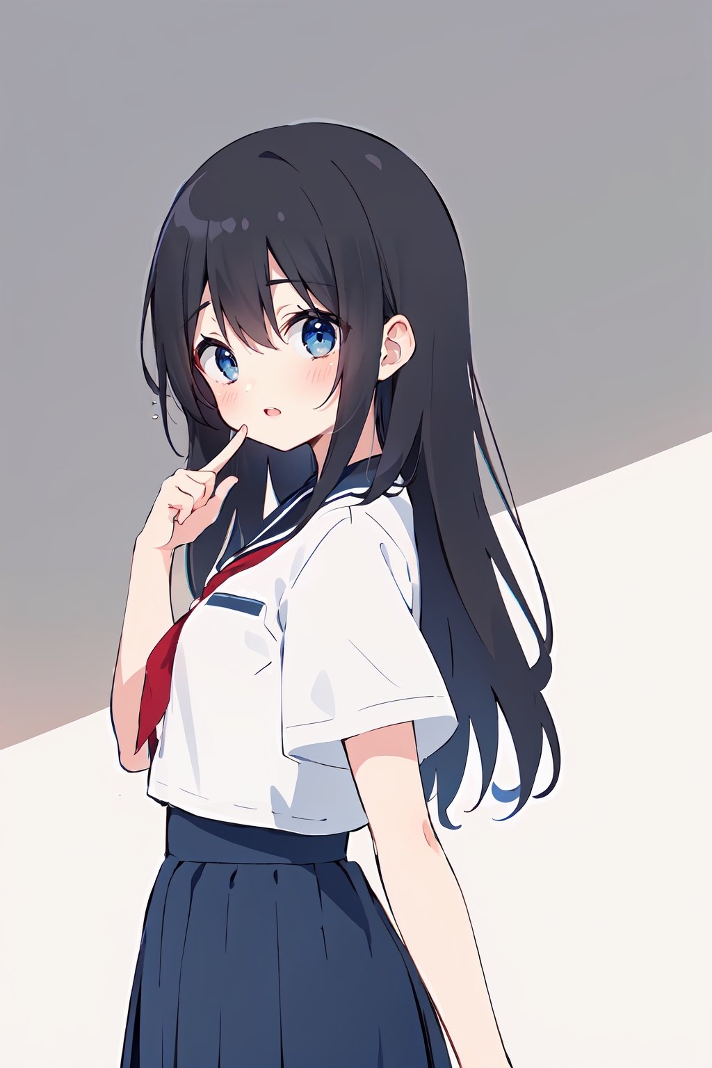 One girl, cowboy shot, from front, look at viewer, medium black hair, beautiful eyes, high quality, white skin, {school uniform, short sleeve shirt}, put index finger on mouth, low saturation, portrait, fine line drawing, fine detail,