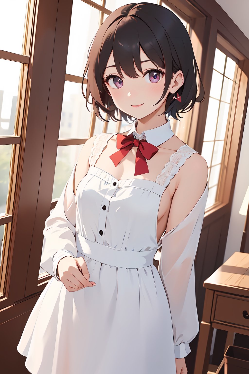 1girl, solo, looking at viewer, blush, medium hair, light black hair color, red eyes, long sleeves,, maid clothes, standing, collarbone, cowboy shot, indoors, bowtie, head tilt,