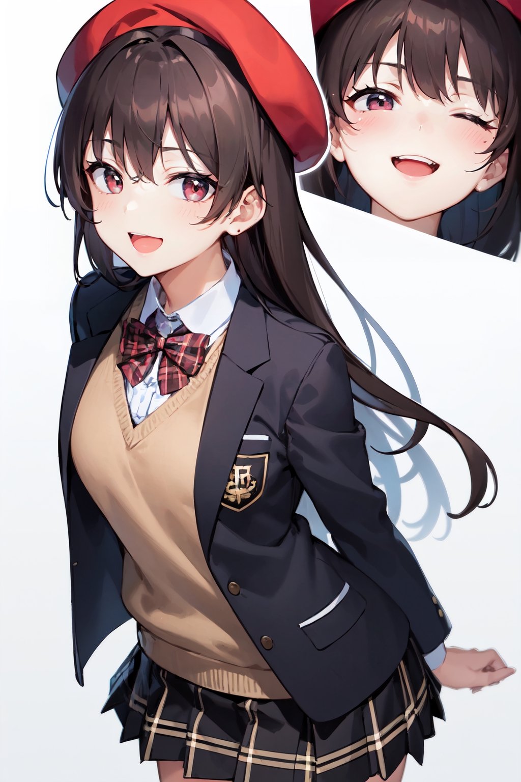 (masterpiece:1.2), (best quality), extremely detailed,  fine line drawing, CG unity UHD wallpaper, BREAK, 
1girl, solo, 17 years old, happy smile, eyes closed, long hair, light black hair color, red eyes, big eyes, wide-eyed, droopy eyes, puffy eyes, small breasts, school uniform, jacket, beret, pendant, learning forward, looking up, form above, looking at viewer, 
BREAK, 
from above, cowboy shot,