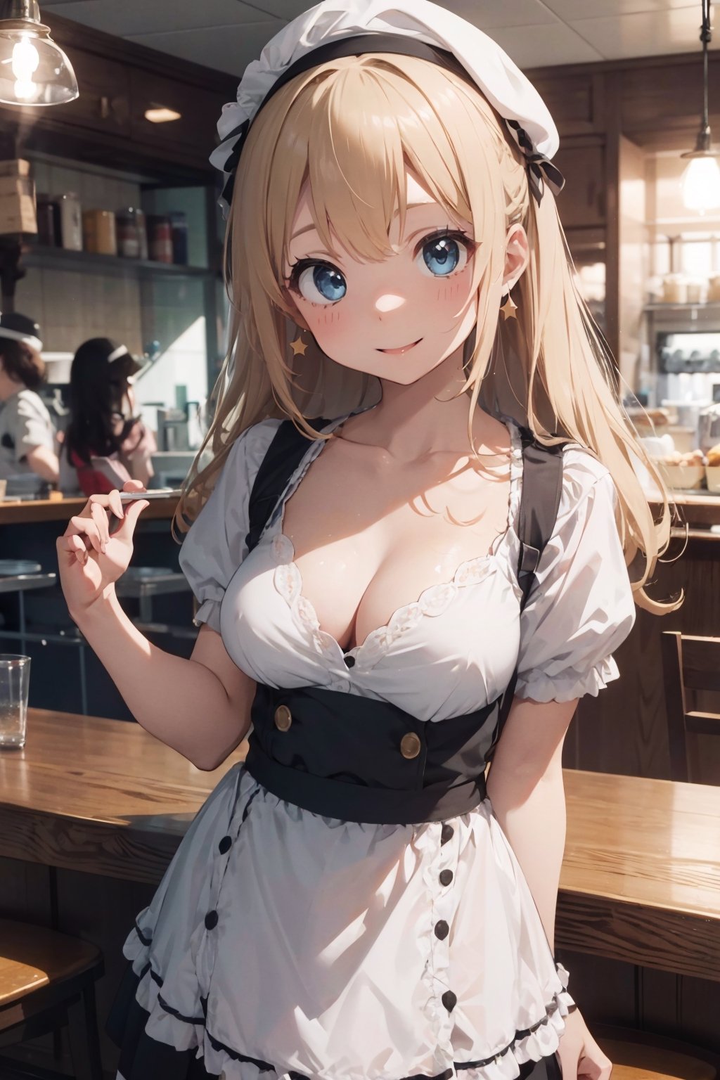 (masterpiece:1.2), (best quality), extremely detailed CG, ultra high res, fine line drawing, Ray Tracing, 1girl, solo, small breasts, cleavage, collarbone, long hair, hair is blonde color, floating hair, cheerful girl, ((waitress)), beret, star earrings, form front, looking at viewer, full body, indoors, cafe hall , standing, tareme-eyes, nice hands, perfect hands, 