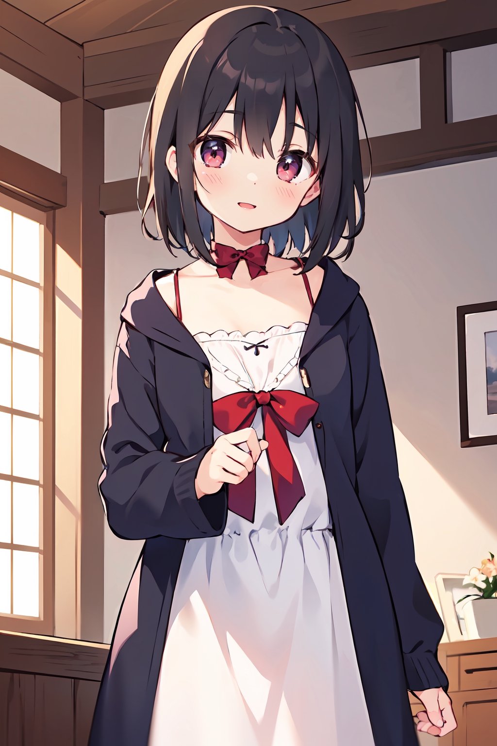 masterpiece, best quality, extremely detailed, 1girl, solo, looking at viewer, blush, medium hair, light black hair color, red eyes, long sleeves, wizard, magic, standing, collarbone, cowboy shot, indoors, bowtie, head tilt,