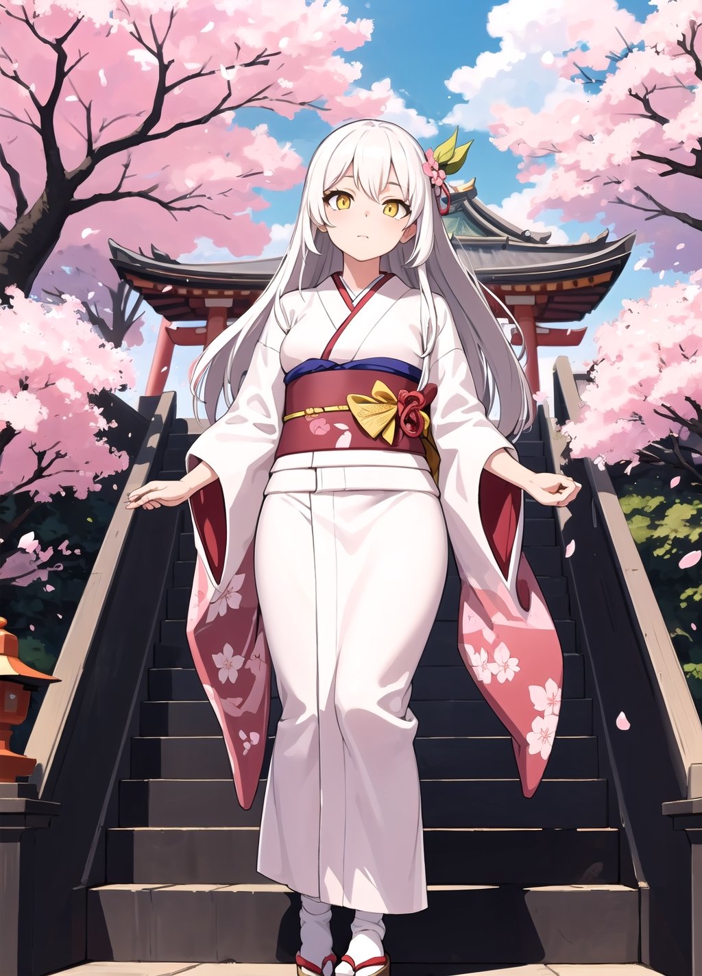 masterpiece, best quality, 1girl, yellow eyes, long hair, white hair, tree, stairs, standing, kimono, sky, cherry blossoms, temple, looking at viewer, full body, big push, from below, looking_at_viewer,