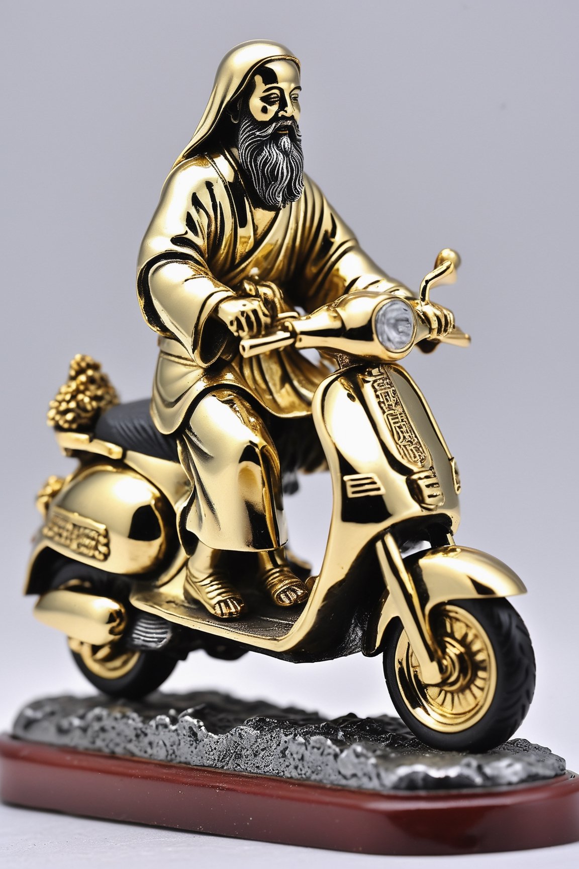 (masterpiece, high detail, best quality),  Guan Shengdijun riding a scooter,gold chrome Jesus, satin sliver iron,more detail ,beside taiwan temple,