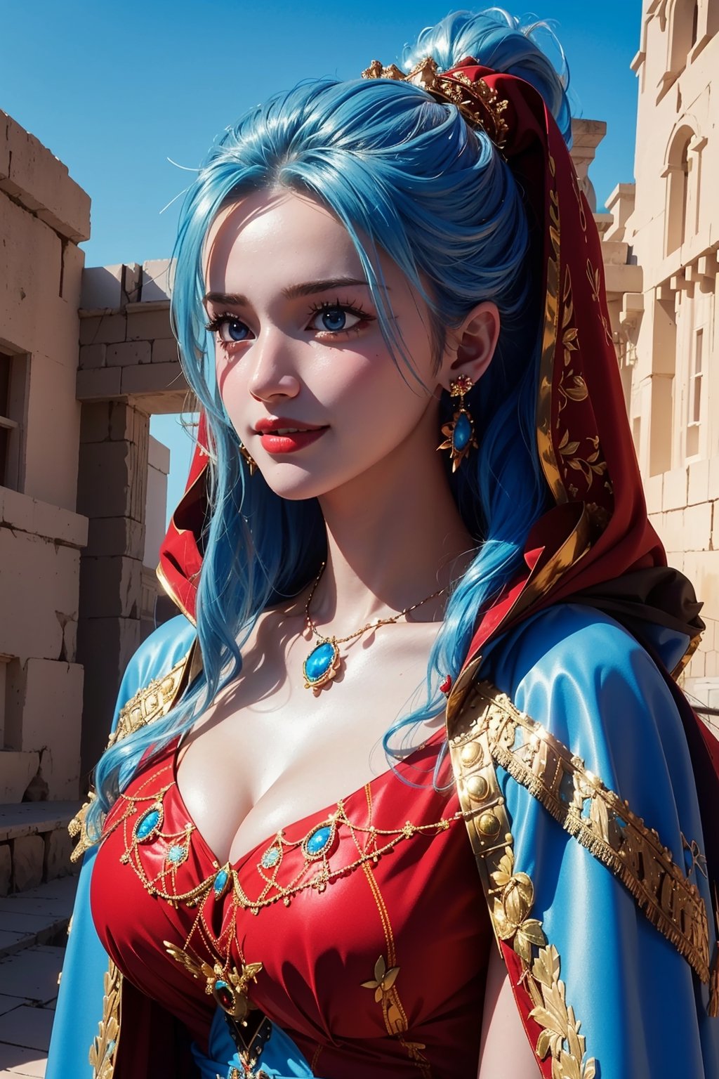 masterpiece, ((ultra detailed background, delicate pattern, intricate detail)), (highly detailed, fine details), best quality, beautiful lighting, (portrait), NefertariViviV3, 1girl, long hair, blue hair, solo, jewelry, earrings, ((red cape, white dress, simple dress)), ponytail, hair ornament, necklace, sky, blue eyes, complex detailed background, outside, sunny, desert town environment, buildings, town, market, hair lift, hands behind back, smile, (shiny oil skin:1.2),(gigantic breast:1.0),NefertariViviV3, light blue hair, 