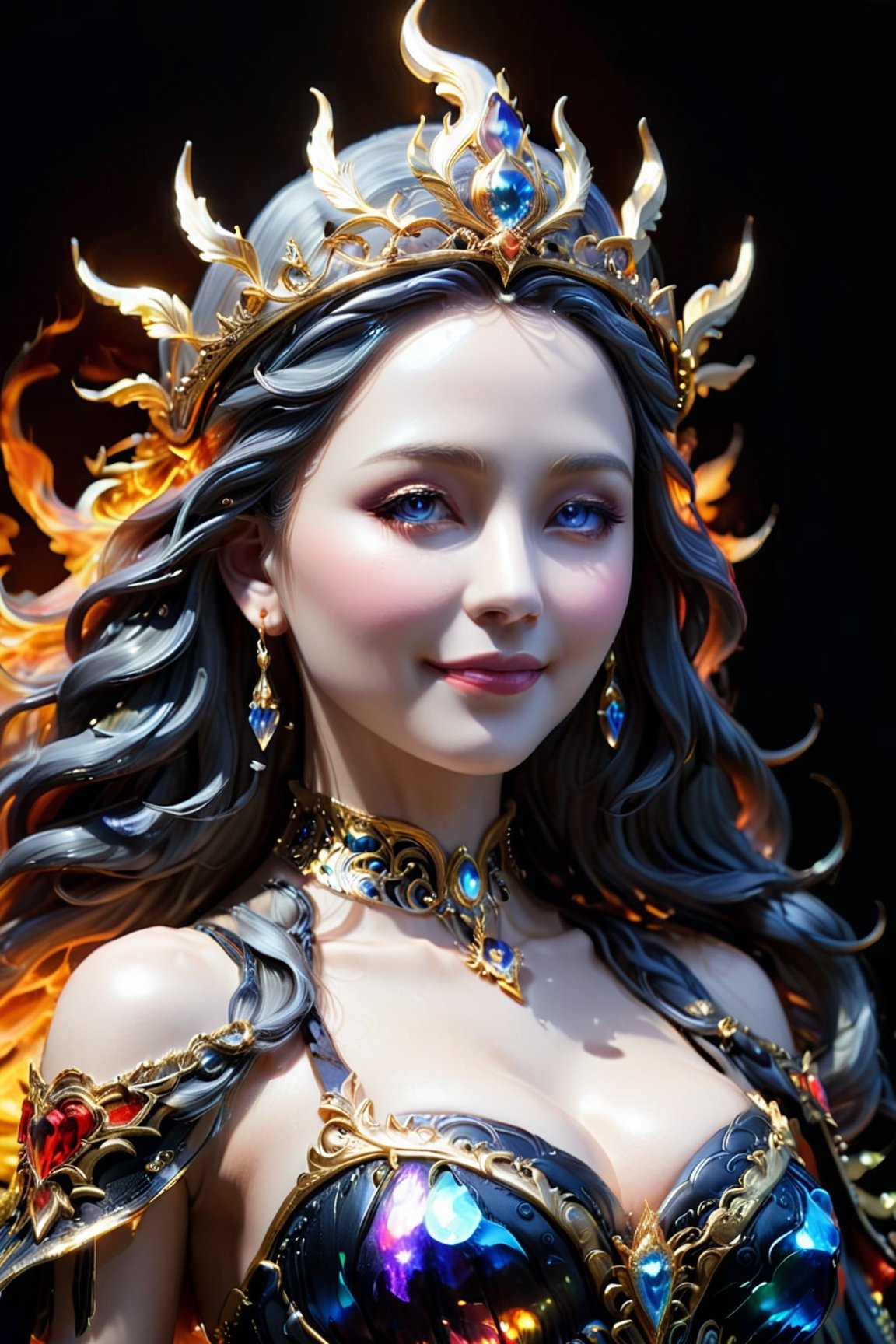 a close up of a woman with black flame head, portrait of queen of heart, extremely detailed goddess shot, side angle, goddess art, npc with a saint's iridescent halo, by Hidari Jingorō, goddess portrait, goddess of light, angelic halo, epically luminous image, npc with a saint's halo, celestial aura, bright divine lighting, Goddess of light,Dark_Fantasy_Style,smile, (oil shiny skin:1.0), (big breast:1.0), (perfect anatomy, prefecthand, dress, long fingers, 4 fingers, 1 thumb), 9 head body lenth, dynamic sexy pose, breast apart, (upper body:1.2), looking at viewer, (viewed_from_behind:5),turn left,glowwave,more detail XL,glitter