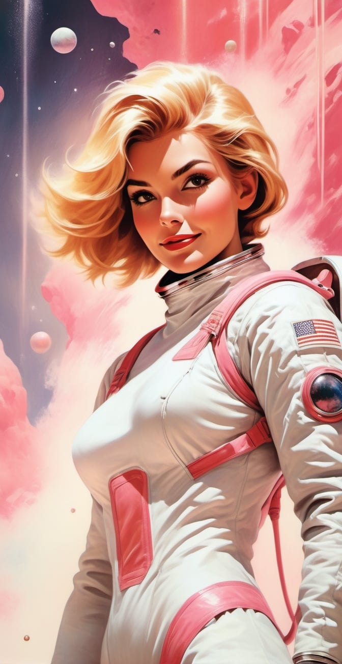 vintage comic book illustration of a astronaut woman at a dystopian frozen planet, wearing white astronaut suit, astronaut helmet, only one woman, short blonde with pink highlights hair, tattooed body, frozen planet in background, aliens in background, sexy body, detailed gorgeous face, Showing small breast under the suit, Full body, apocalyptic environment, exquisite detail, 30-megapixel, 4k, Flat vector art, Vector illustration, Illustration,, smile, (oil shiny skin:1.3), (huge_boobs:2.0), willowy, chiseled, (hunky:2.2), body rotation 90 degree, (perfect anatomy, prefecthand, dress, long fingers, 4 fingers, 1 thumb), 9 head body lenth, dynamic sexy pose, breast apart, ((full body:0.6)), (artistic pose of a woman),DonMF43Dr4g0n ,chrometech,girl,surface imperfections,dripping paint,photo r3al,more detail XL,abstact,colorful