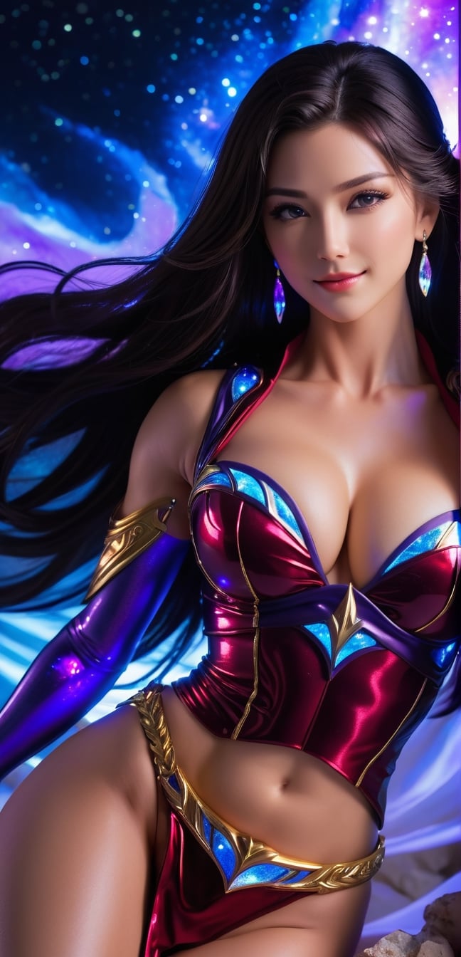 medium shot ,4k,best quality,masterpiece,1 American girl, a girl,deep purple hair,  A photography of jewelry ,a luminous transparent bioluminescent multidimensional entity, masterpiece, best quality, highres, hancock1, sexy expression, lying on her side, revealing, 1girl, boa hancock, long hair, muscular body, muscular, epaulettes, cape, red flowing dress, hancock1, muscle, sultry, beautiful, slender, smile,(oil shiny skin:1.0), (big_boobs:1.5), willowy, chiseled, (hunky:2.6),(( body rotation 120 degree)), (perfect anatomy, prefecthand, dress, long fingers, 4 fingers, 1 thumb), 9 head body lenth, dynamic sexy pose, breast apart, (artistic pose of awoman),starry sky