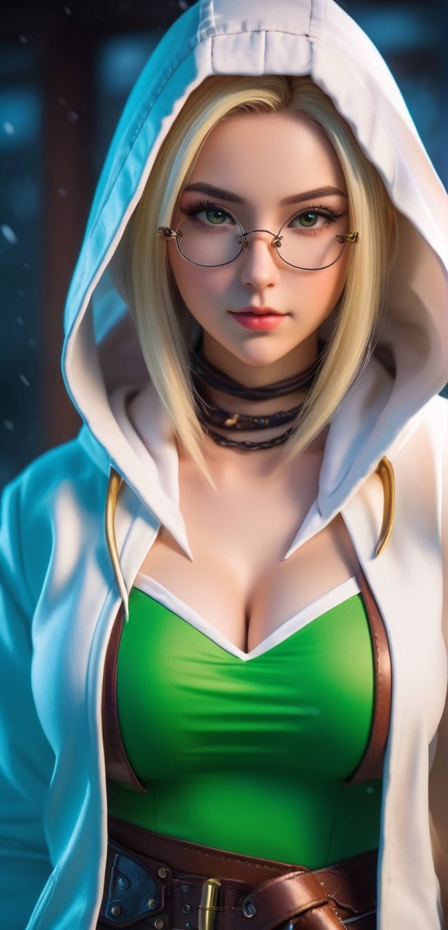 medium shot,4k,best quality,masterpiece,1 American girl, a girl,blond hair, 4k,best quality,masterpiece,20yo 1girl, solo, The picture shows a character wearing a white hooded jacket and black shorts. The character is wearing a green scarf that partially covers the lower part of his face. on his belt is a white one katana. The background is filled with snowfall, creating a cold atmosphere. make anime girl. 8K. add milieu glasses that emphasise her stern look., smile,(oil shiny skin:1.0), (big_boobs:2.0), willowy, chiseled, (hunky:2.6),(( body rotation 120 degree)), (perfect anatomy, prefecthand, dress, long fingers, 4 fingers, 1 thumb), 9 head body lenth, dynamic sexy pose, breast apart, (artistic pose of awoman),(PnMakeEnh),Extremely Realistic,Vibrant colors palettes,better photography,steampunk style,steampunk