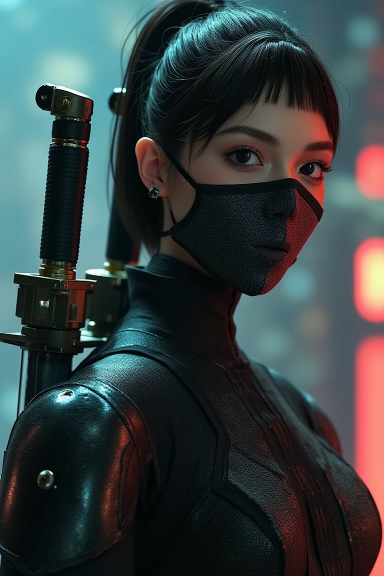 A masterclass in photorealism, this 8K raw image captures the essence of an American supermodel's best qualities. The subject, donning a (space ninja) and (special forces body suit), exudes confidence as she poses in a futuristic setting. Her short hair is styled with a sleek ponytail, while her beautiful eyes sparkle under cinematic lighting. Two swords adorn her back, adding to the overall sense of power and strength. Her medium-breasted physique is rendered in stunning detail, with intricate pores visible on her skin. A half-mask obscures her face, leaving only her captivating gaze exposed. The background is a fantasy wonderland, teeming with futuristic details that blend seamlessly with the subject's (FuturEvoLabNinja) attire. Every aspect of this image screams 'masterpiece' in every possible way.