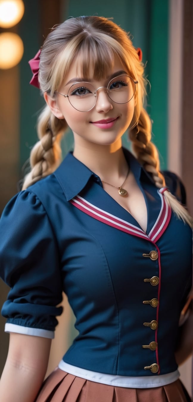 medium shot,4k,best quality,masterpiece,1 American girl, a girl,blond hair, 4k,best quality,masterpiece,20yo 1girl, one pretty girl, solo, twin braids, blunt bangs, prefect face, blush, lips, big tits, thin waist, school uniform, round eyewear, glasses, bow, collared shirt, looking at viewer, soft lighting, film grain, 35mm film,  , smile,(oil shiny skin:1.0), (big_boobs:2.0), willowy, chiseled, (hunky:2.6),(( body rotation 120 degree)), (perfect anatomy, prefecthand, dress, long fingers, 4 fingers, 1 thumb), 9 head body lenth, dynamic sexy pose, breast apart, (artistic pose of awoman),(PnMakeEnh),Extremely Realistic,Vibrant colors palettes,better photography,steampunk style,steampunk