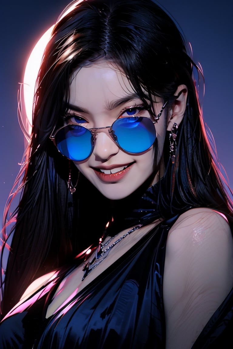 ,  absurdres, upper body, (night market background,), sunglasses, 1girl, solo, looking at viewer, tinted eyewear, blue theme, looking over eyewear, blue-tinted eyewear, black dress, sleeveless, smile, (oil shiny skin:0.8), (big breast:0.8), (perfect anatomy, prefecthand, long fingers, 4 fingers, 1 thumb), 9 head body lenth, breast apart, looking at viewer, (upper_body:1.2), (view_from_above:1.1),  