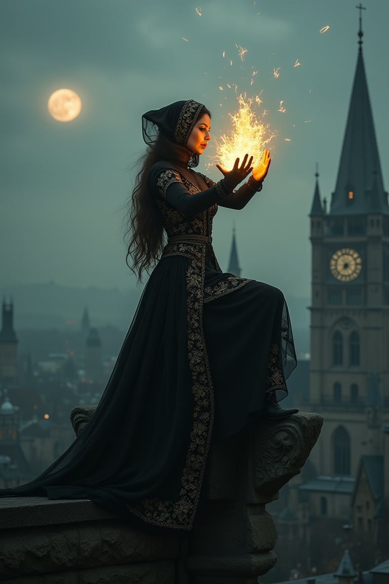 A mystical femme fatale perches on a gargoyle's edge, half-face obscured by a silky black veil, as she surveys a cityscape of gothic spires under a moonlit sky. Her ornate attire glimmers with intricate patterns, accentuating her enigmatic allure. The protagonist's outer glow separates her from the muted background. With palms upturned and arms tense, she assumes a powerful push pose, warning against encroachment. As she raises her hands, fiery yellow energy bursts forth, arcing through the air in swift succession before dissipating amidst the outdoor , mysterious backdrop.,from front ,looking at viewer,